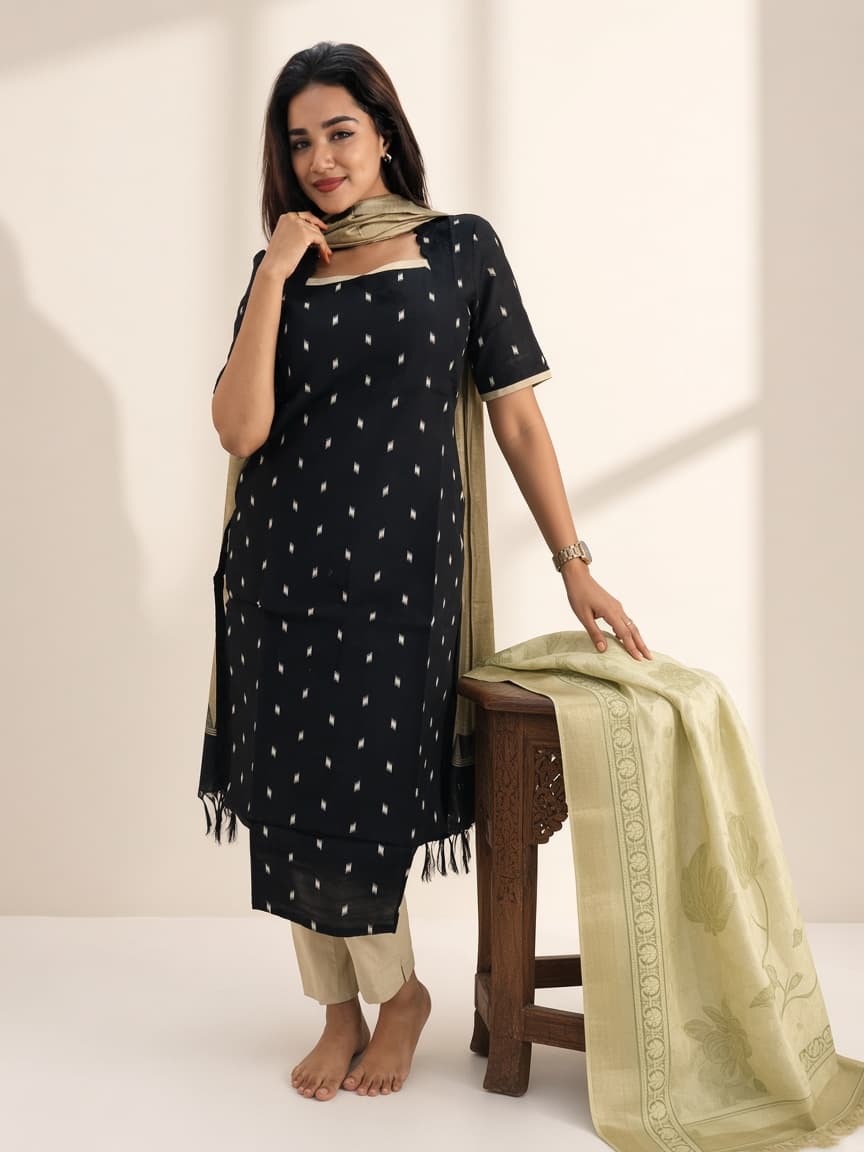 Black raw silk set with a tissue drape