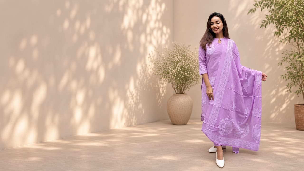 Lilac cotton set in a courtyard